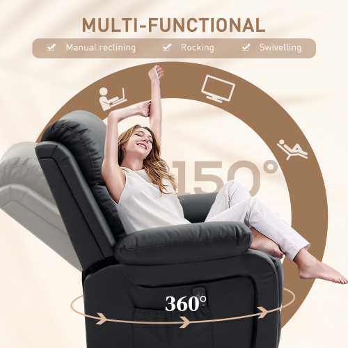 Fauteuil de massage inclinable de HOMCOM, fauteuil berçant pivotant pour salon, canapé inclinable manuel en cuir PU avec télécommande et pochettes