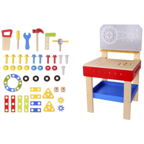 TOOKYLAND Wooden Builder Workbench Playset - 48pcs - Child-size Work Bench with Tools and Hardware, Toy for Kids 3 Years and Older