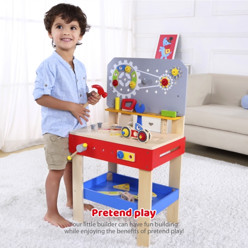 TOOKYLAND Wooden Builder Workbench Playset - 48pcs - Child-size Work Bench with Tools and Hardware, Toy for Kids 3 Years and Older