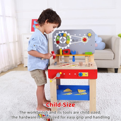 TOOKYLAND Wooden Builder Workbench Playset - 48pcs - Child-size Work Bench with Tools and Hardware, Toy for Kids 3 Years and Older