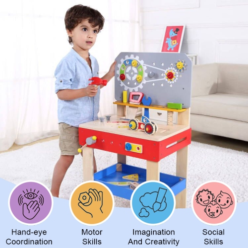 TOOKYLAND Wooden Builder Workbench Playset - 48pcs - Child-size Work Bench with Tools and Hardware, Toy for Kids 3 Years and Older
