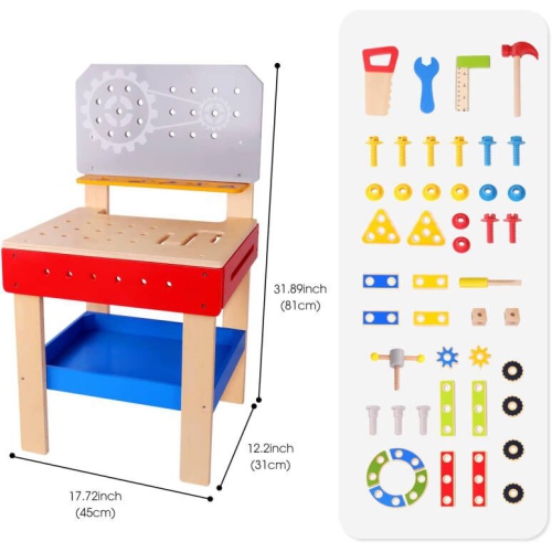 TOOKYLAND Wooden Builder Workbench Playset - 48pcs - Child-size Work Bench with Tools and Hardware, Toy for Kids 3 Years and Older