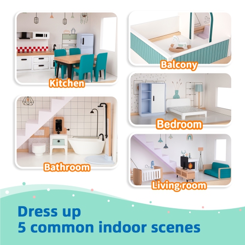 TOOKYLAND Maison de Poupée en Bois - 31pcs - Ensemble de Jeu avec 6 Poupées, Meubles et Accessoires, 3 Ans +