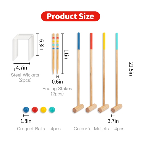 TOOKYLAND Kids Wooden Croquet Set - 17pcs - 4 Player Game Set with Carry Bag, Ages 3+