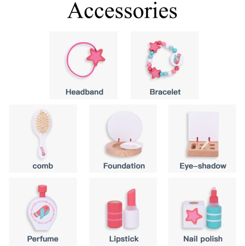 TOOKYLAND Coiffeuse en Bois pour Enfants - 16pcs - Table Jouet de Maquillage et de Coiffure avec Miroir et Accessoires, 3 Ans +