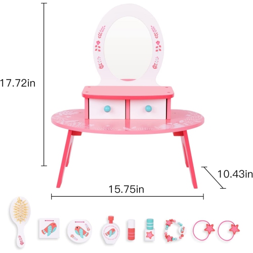 TOOKYLAND Coiffeuse en Bois pour Enfants - 16pcs - Table Jouet de Maquillage et de Coiffure avec Miroir et Accessoires, 3 Ans +