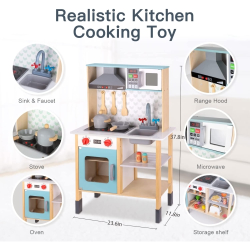 TOOKYLAND Wooden Play Kitchen Set - Pretend Cooking Playset with Lights and Sounds; Toy Oven, Stove, Sink, Microwave, Accessories; 3 Years +