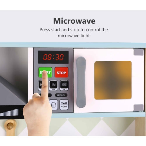 TOOKYLAND Wooden Play Kitchen Set - Pretend Cooking Playset with Lights and Sounds; Toy Oven, Stove, Sink, Microwave, Accessories; 3 Years +