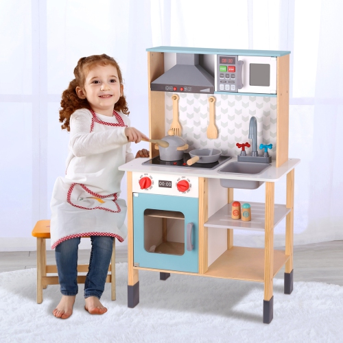 TOOKYLAND Wooden Play Kitchen Set - Pretend Cooking Playset with Lights and Sounds; Toy Oven, Stove, Sink, Microwave, Accessories; 3 Years +