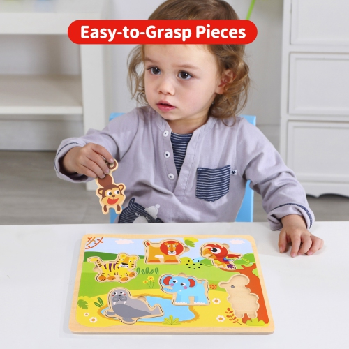 TOOKYLAND Animal Sounds Peg Puzzle - 7pcs - Wooden Puzzle with Sound Effects, Ages 18m+