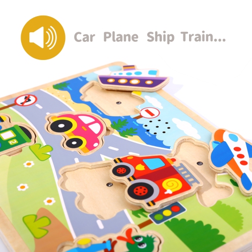 TOOKYLAND Vehicle Sounds Peg Puzzle - 7pcs - Wooden Puzzle with Sound Effects, Ages 18m+