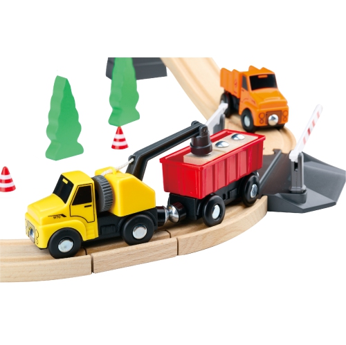 TOOKYLAND Construction Site Train Set - 35pcs Playset - Wooden Railroad Tracks, Tower Crane, Toy Trucks and Accessories; 3 Years +