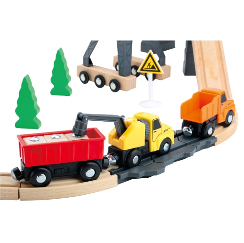 TOOKYLAND Construction Site Train Set - 35pcs Playset - Wooden Railroad Tracks, Tower Crane, Toy Trucks and Accessories; 3 Years +