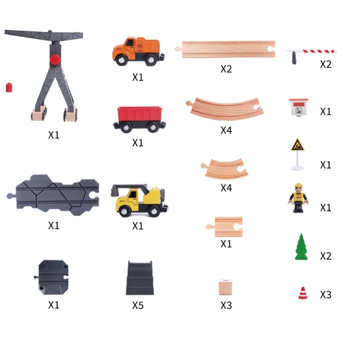 TOOKYLAND Construction Site Train Set - 35pcs Playset - Wooden Railroad Tracks, Tower Crane, Toy Trucks and Accessories; 3 Years +