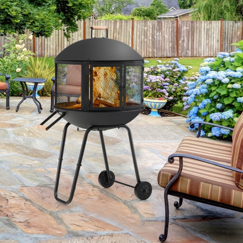 Topbuy Portable Fire Pit with Wheels 28 Inch Wood Burning Fire Pit with Log Grate Poker Rolling Patio Fireplace Wooden Bonfire Firepit for Outdoor