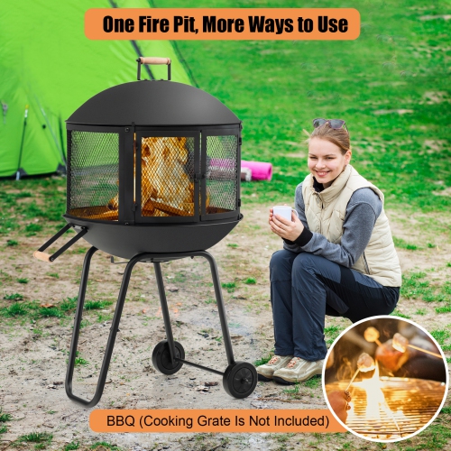 Topbuy Portable Fire Pit with Wheels 28 Inch Wood Burning Fire Pit with Log Grate Poker Rolling Patio Fireplace Wooden Bonfire Firepit for Outdoor