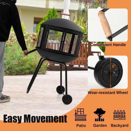 Topbuy Portable Fire Pit with Wheels 28 Inch Wood Burning Fire Pit with Log Grate Poker Rolling Patio Fireplace Wooden Bonfire Firepit for Outdoor