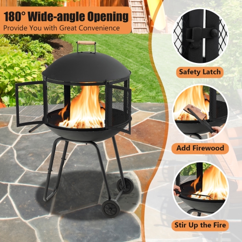 Topbuy Portable Fire Pit with Wheels 28 Inch Wood Burning Fire Pit with Log Grate Poker Rolling Patio Fireplace Wooden Bonfire Firepit for Outdoor