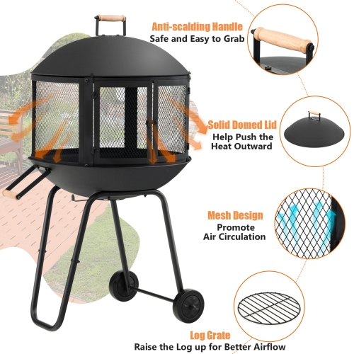 Topbuy Portable Fire Pit with Wheels 28 Inch Wood Burning Fire Pit with Log Grate Poker Rolling Patio Fireplace Wooden Bonfire Firepit for Outdoor
