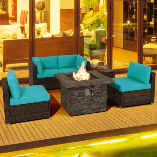 TOPBUY  Patiojoy Patio Rattan 6PCs Cushioned Sofa Set Furniture Set Thick Cushion With 34.5" Fire Pit Table for Garden Black/blue/red/turquoise/off