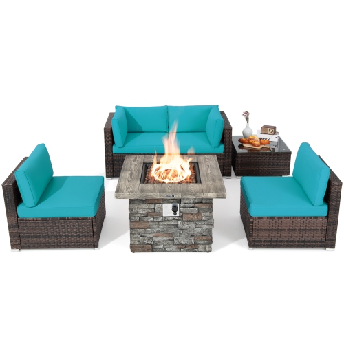 Patiojoy Patio Rattan 6PCS Cushioned Sofa Set Furniture Set Thick Cushion with 34.5" Fire Pit Table for Garden Black/Blue/Red/Turquoise/Off White