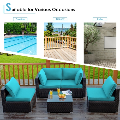 Patiojoy Patio Rattan 6PCS Cushioned Sofa Set Furniture Set Thick Cushion with 34.5" Fire Pit Table for Garden Black/Blue/Red/Turquoise/Off White
