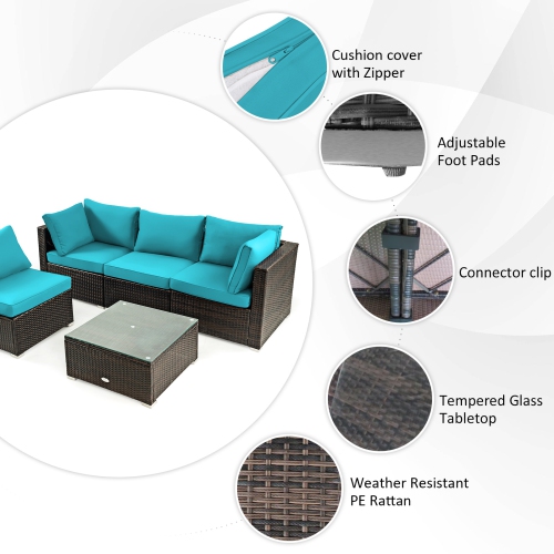 Patiojoy Patio Rattan 6PCS Cushioned Sofa Set Furniture Set Thick Cushion with 34.5" Fire Pit Table for Garden Black/Blue/Red/Turquoise/Off White