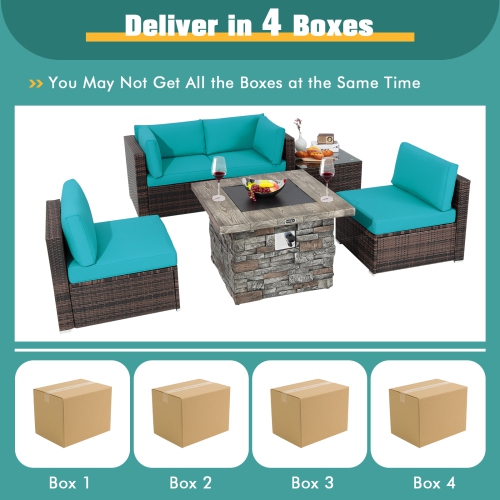 Patiojoy Patio Rattan 6PCS Cushioned Sofa Set Furniture Set Thick Cushion with 34.5" Fire Pit Table for Garden Black/Blue/Red/Turquoise/Off White