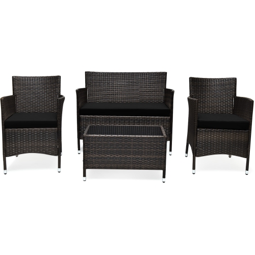 TOPBUY  4-Piece Patio Rattan Wicker Conversation Furniture Set Sofa Chair Table Set
