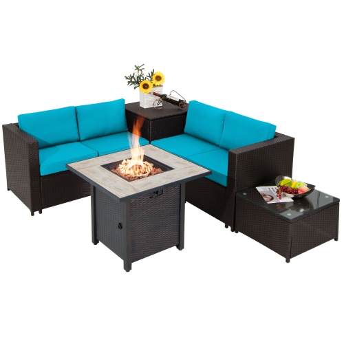 TOPBUY  5-Piece Patio Furniture Set \w 30 Inches Gas Fire Pit Table Outdoor Pe Wicker Conversation Sectional Sofa Set \w Cushions
