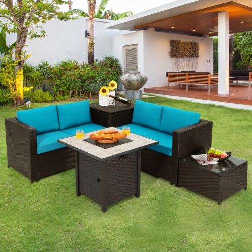 Topbuy 5-Piece Patio Furniture Set with 30 Inches Gas Fire Pit Table Outdoor PE Wicker Conversation Sectional Sofa Set with Cushions