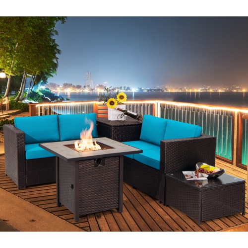 Topbuy 5-Piece Patio Furniture Set with 30 Inches Gas Fire Pit Table Outdoor PE Wicker Conversation Sectional Sofa Set with Cushions