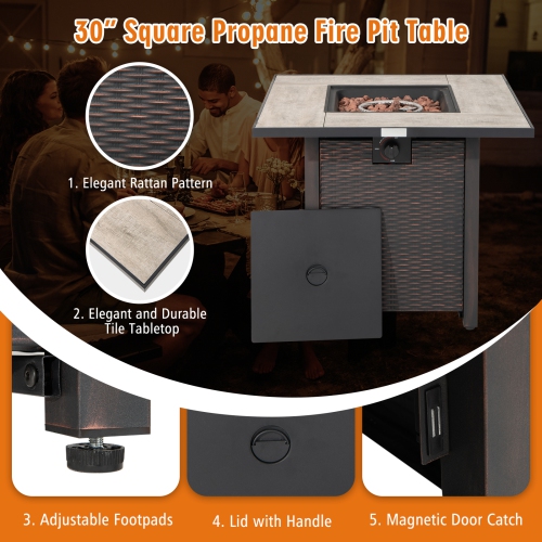 Topbuy 5-Piece Patio Furniture Set with 30 Inches Gas Fire Pit Table Outdoor PE Wicker Conversation Sectional Sofa Set with Cushions