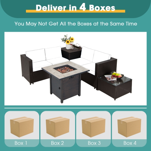 Topbuy 5-Piece Patio Furniture Set with 30 Inches Gas Fire Pit Table Outdoor PE Wicker Conversation Sectional Sofa Set with Cushions