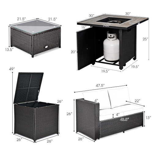 Topbuy 5-Piece Patio Furniture Set with 30 Inches Gas Fire Pit Table Outdoor PE Wicker Conversation Sectional Sofa Set with Cushions