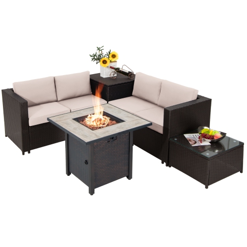 TOPBUY  5-Piece Patio Furniture Set \w 30 Inches Gas Fire Pit Table Outdoor Pe Wicker Conversation Sectional Sofa Set \w Cushions