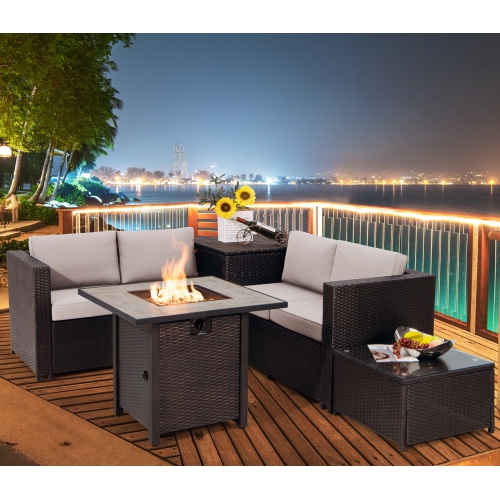 Topbuy 5-Piece Patio Furniture Set with 30 Inches Gas Fire Pit Table Outdoor PE Wicker Conversation Sectional Sofa Set with Cushions