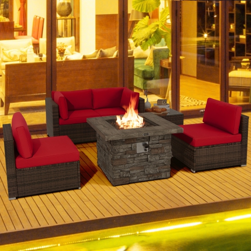TOPBUY  Patiojoy Patio Rattan 6PCs Cushioned Sofa Set Furniture Set Thick Cushion With 34.5" Fire Pit Table for Garden Black/blue/red/turquoise/off