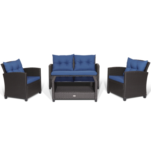 TOPBUY  Patiojoy Patio Rattan 4PCs Cushioned Chair Coffee Table Classic Furniture Set Bistro Set Single Sofa w Thick Cushion for Garden