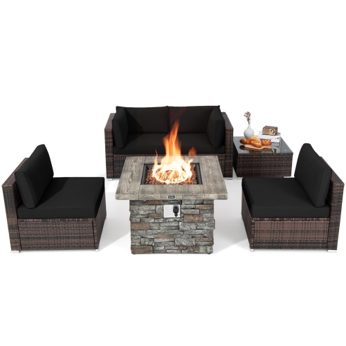 Patiojoy Patio Rattan 6PCS Cushioned Sofa Set Furniture Set Thick Cushion with 34.5" Fire Pit Table for Garden Black/Blue/Red/Turquoise/Off White