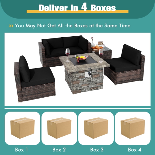 Patiojoy Patio Rattan 6PCS Cushioned Sofa Set Furniture Set Thick Cushion with 34.5" Fire Pit Table for Garden Black/Blue/Red/Turquoise/Off White