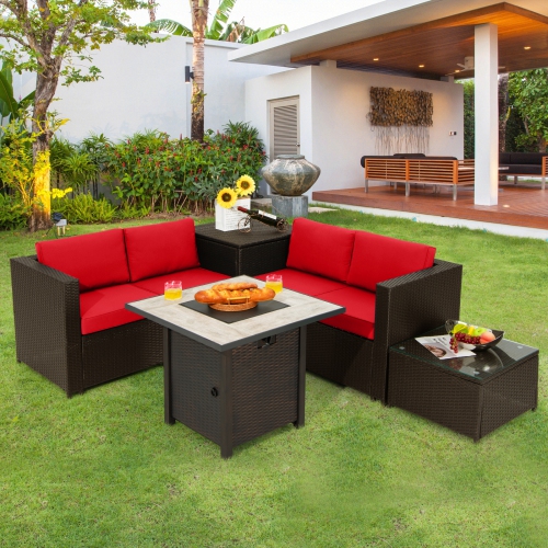Topbuy 5-Piece Patio Furniture Set with 30 Inches Gas Fire Pit Table Outdoor PE Wicker Conversation Sectional Sofa Set with Cushions