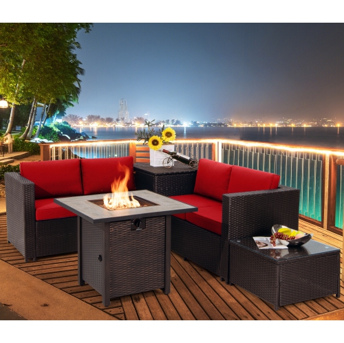 Topbuy 5-Piece Patio Furniture Set with 30 Inches Gas Fire Pit Table Outdoor PE Wicker Conversation Sectional Sofa Set with Cushions