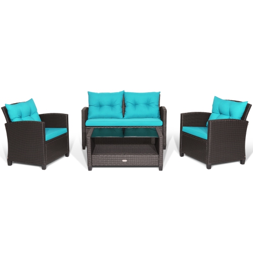 Patiojoy Patio Rattan 4PCS Cushioned Chair Coffee Table Classic Furniture Set Bistro Set Single Sofa with Thick Cushion for Garden Navy/Red/Turquoise