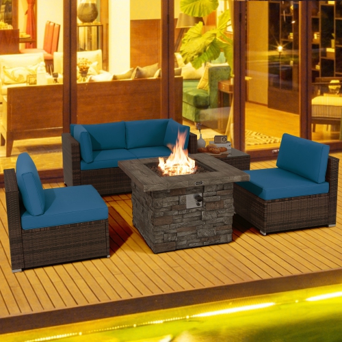 TOPBUY  Patiojoy Patio Rattan 6PCs Cushioned Sofa Set Furniture Set Thick Cushion With 34.5" Fire Pit Table for Garden Black/blue/red/turquoise/off