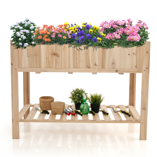 Topbuy 47x23x35in Raised Garden Bed with Shelf & Liner Elevated Wood Planter Box Outdoor Standing Planter Bed with Legs