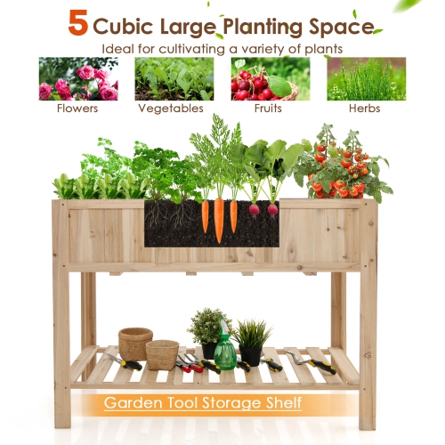 Topbuy 47x23x35in Raised Garden Bed with Shelf & Liner Elevated Wood Planter Box Outdoor Standing Planter Bed with Legs