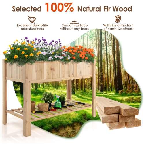 Topbuy 47x23x35in Raised Garden Bed with Shelf & Liner Elevated Wood Planter Box Outdoor Standing Planter Bed with Legs
