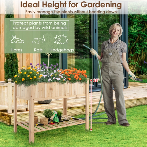 Topbuy 47x23x35in Raised Garden Bed with Shelf & Liner Elevated Wood Planter Box Outdoor Standing Planter Bed with Legs