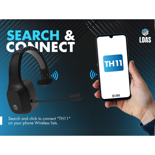 LDAS TH11 Trucker Bluetooth Mono Headset V5.2 – 96% AI Noise Cancelling Microphone, 34H Talk Time, Lightweight Wireless Headband with USB-C Fast